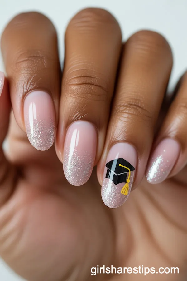 Pink to Silver Glitter Ombre with Graduation Cap Accent