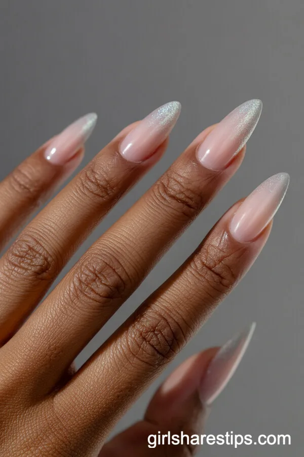 Sheer Silver Shimmer Ombre Stiletto Nails