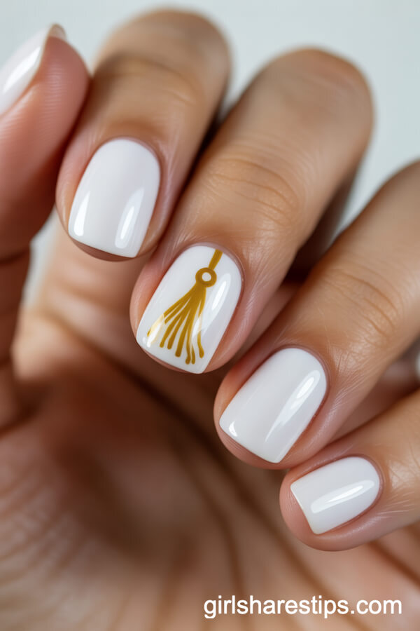 White Squoval Nails with Gold Tassel Accent