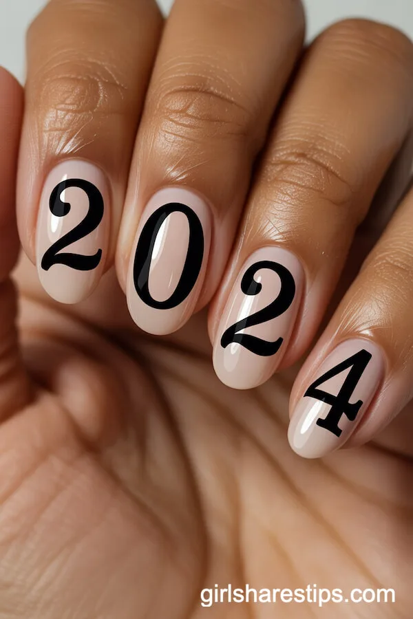Nude Oval Nails with Bold &lsquo;2024&rsquo; Lettering