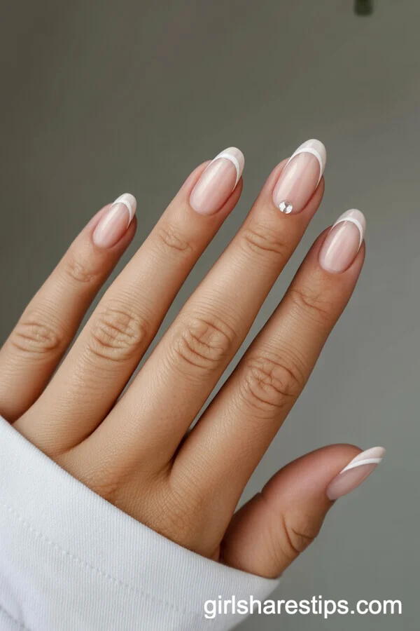 French Tips with Tiny Crystal Details