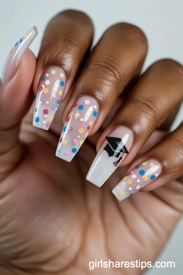Sheer Confetti Coffin Nails with Graduation Cap Accent