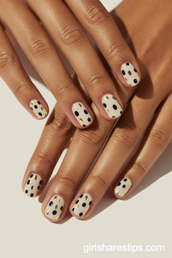 Ivory Squoval Nails with Black and Gold Polka Dots