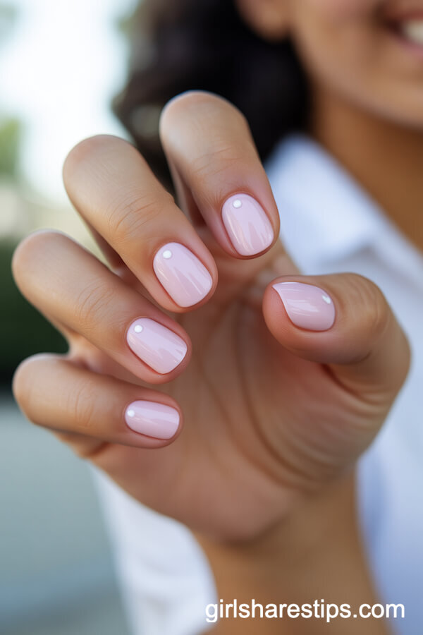 Pastel Pink Rounded Nails with White Dot Details