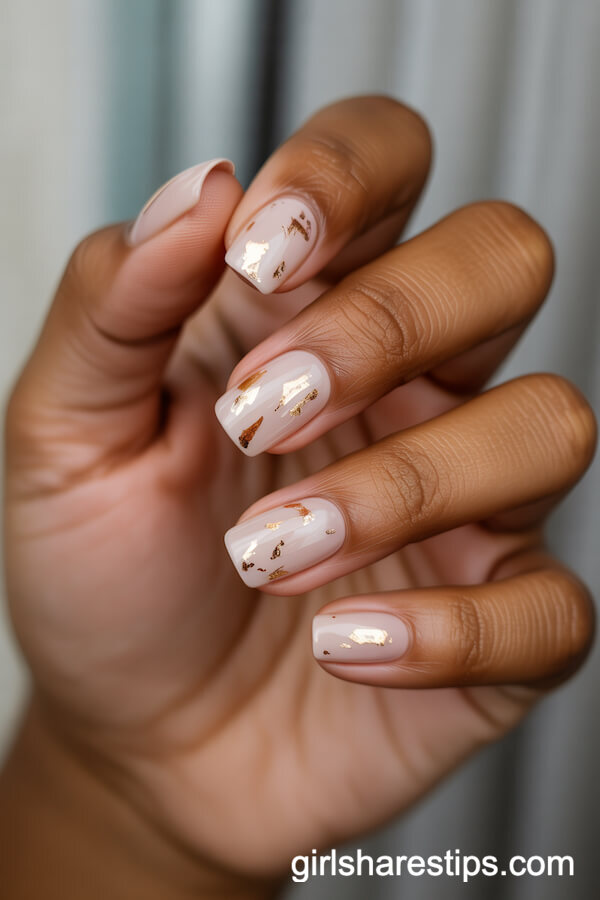 Nude Square Nails with Gold Foil Flecks