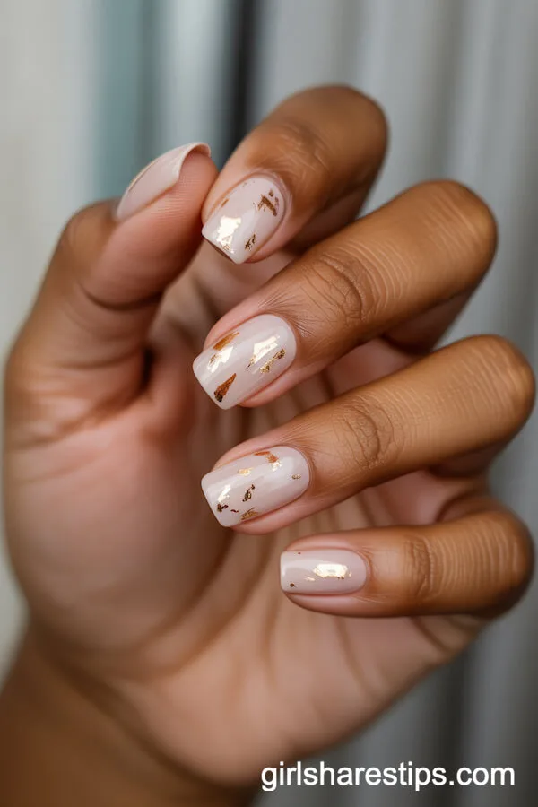 Nude Square Nails with Gold Foil Flecks