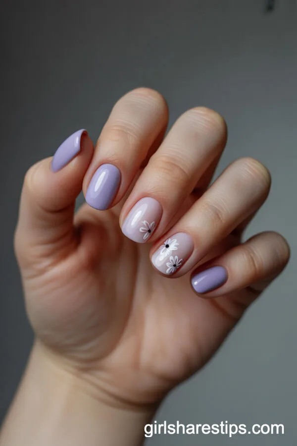 Soft Lavender Nails with Delicate White Flowers