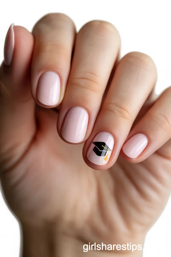 Pastel Pink Nails with Hand-Painted Graduation Cap