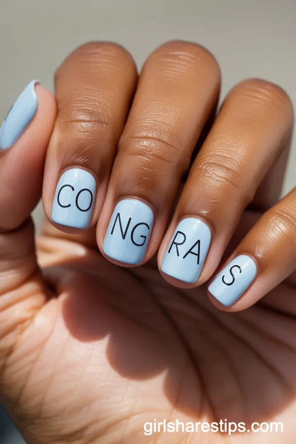 Light Blue Nails Spelling &lsquo;Congrats&rsquo;
