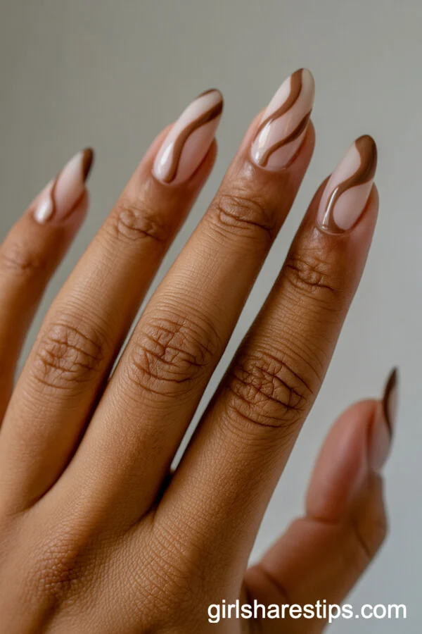 Abstract Mocha Wave Almond Nails