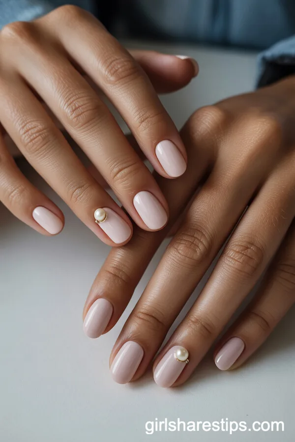 Soft Blush Squoval Nails with Pearl Accent