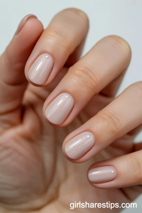 Light Beige Nails with White Dot Detail