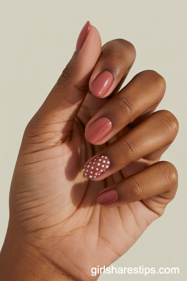 Rosy Pink Squoval Nails with White Polka Dots