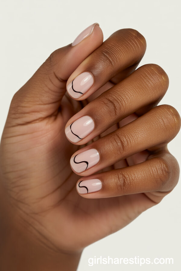Classic Pink Short Nails with Black Squiggle Art