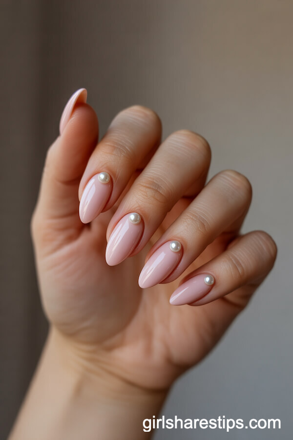 Pastel Pink Almond Nails with Tiny Pearl Accents