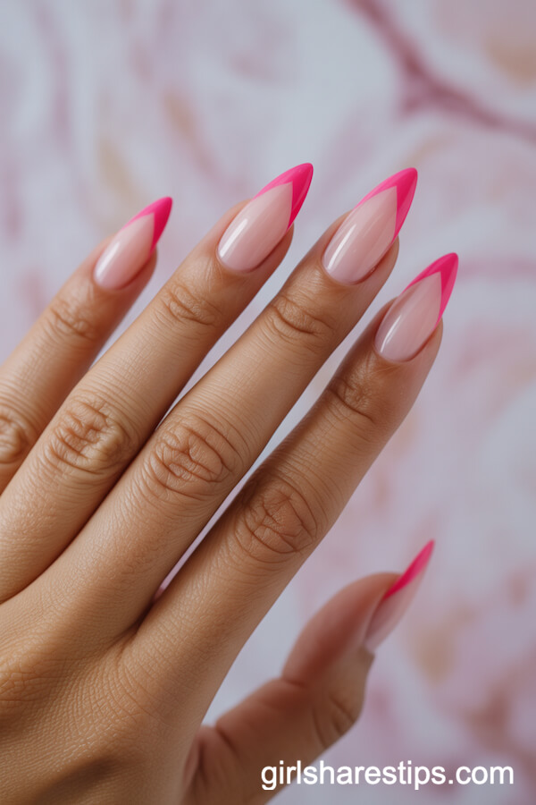 Sheer Pink Oval Nails with Geometric Triangle Tips