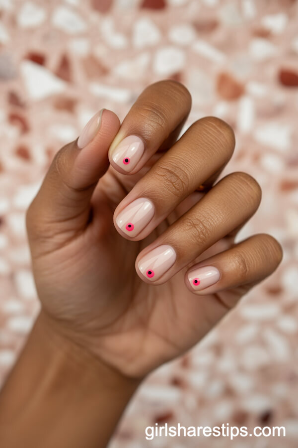 Sheer Nude Square Nails with Neon Pink Dot Accents