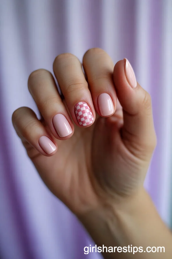 Pale Pink Round Nails with Pink and White Checkerboard Accent