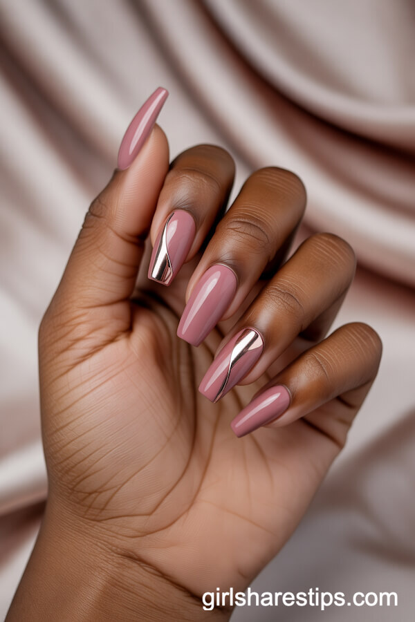 Dusty Pink Coffin Nails with Rose Gold Asymmetrical Stripes