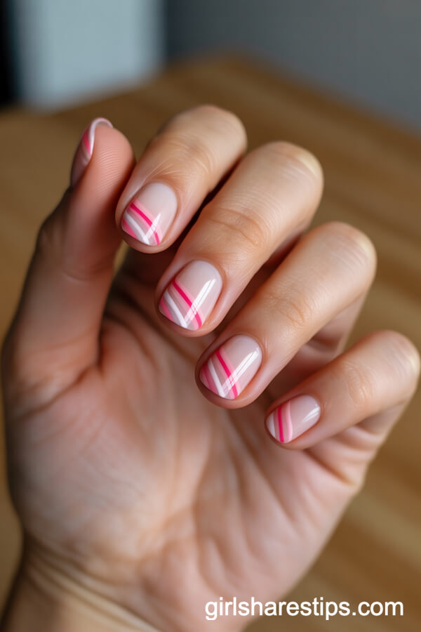 Three-Tone Pink Gradient Striped Squoval Nails
