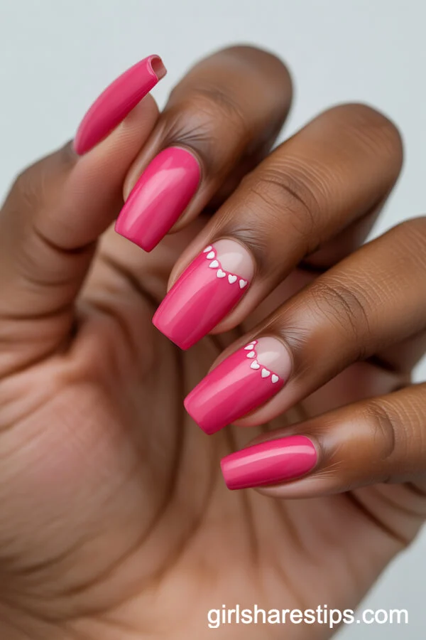 Bright Pink Coffin Nails with White Heart Accents