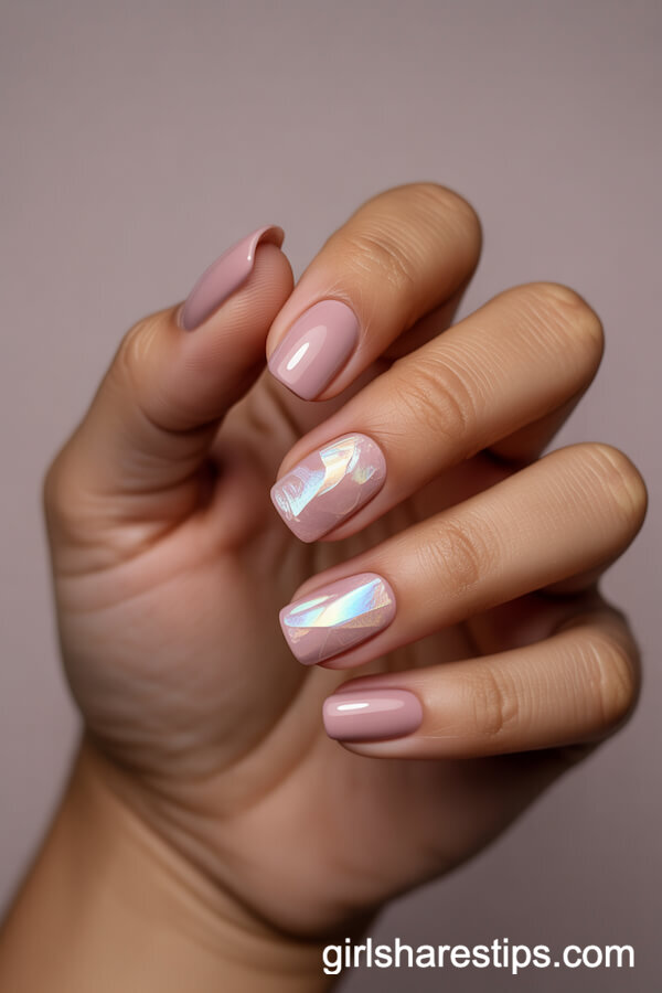 Dusty Pink Square Nails with Iridescent Cellophane Flakes