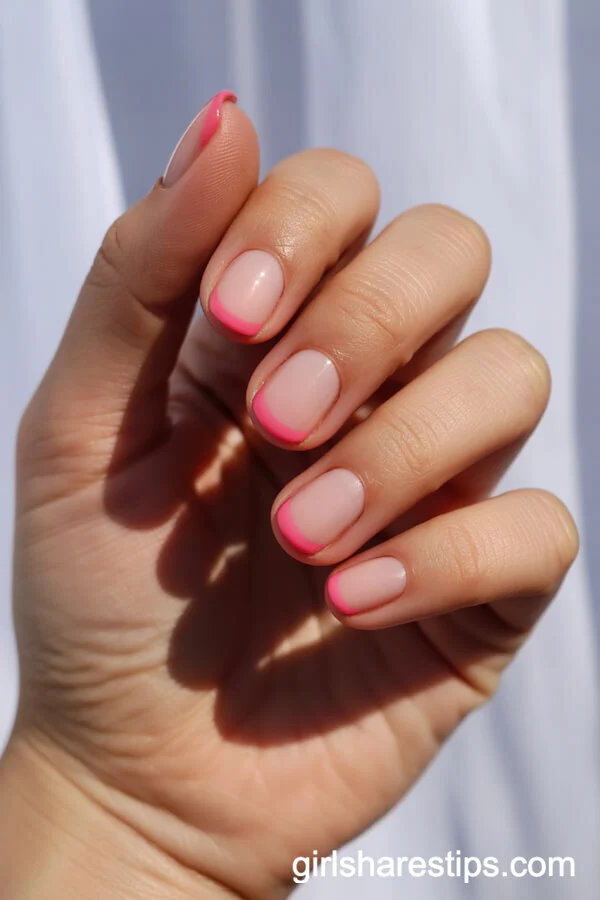 Short Round Ombre Nails from Pale to Bubblegum Pink