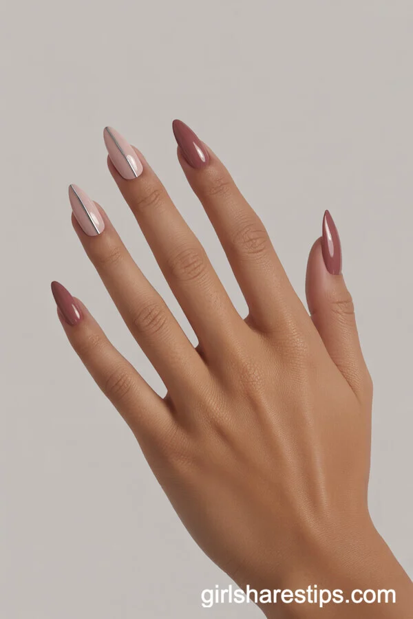 Dusty Rose Stiletto Nails with Silver Line Accents