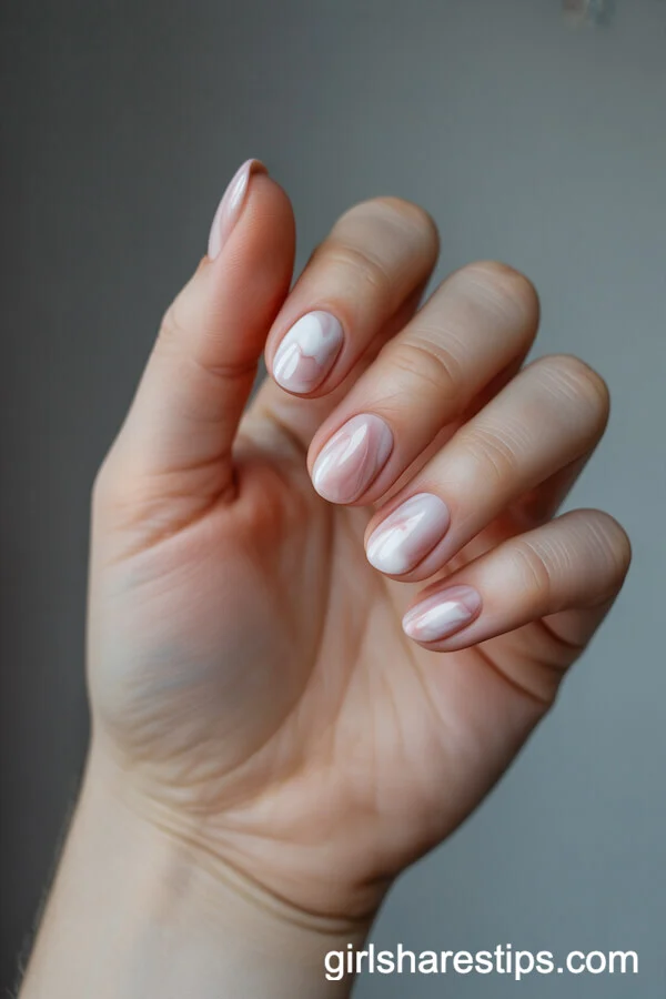 Soft Pink and White Marble Oval Nails