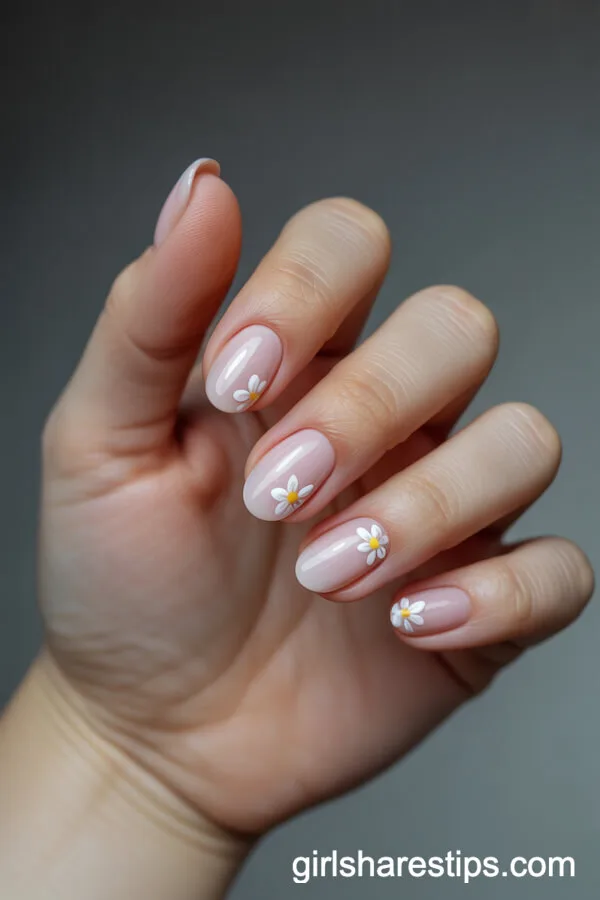 Sheer Pink Oval Nails with White Floral Designs