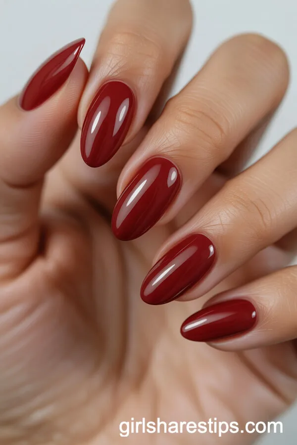 Classic Glossy Cherry Red Almond Nails