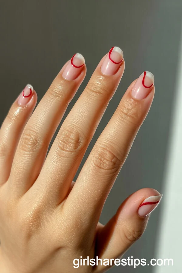 Minimalist Red Swirl Nails on Short Rounds