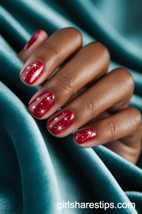 Glossy Red Square Nails with White Star Accents
