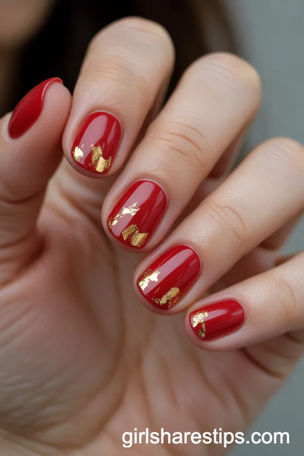 Red Nails with Elegant Gold Foil Flakes