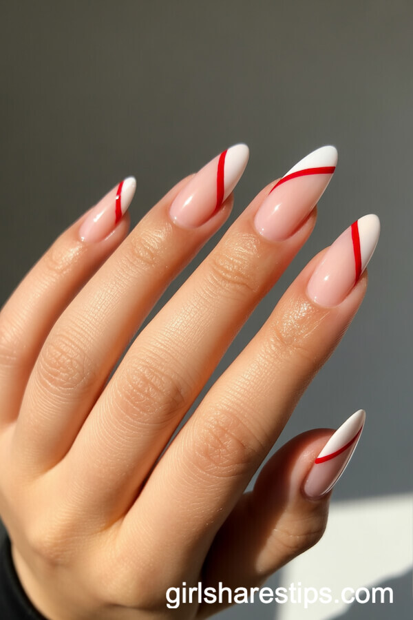 Red Geometric Line Art on Almond Nails