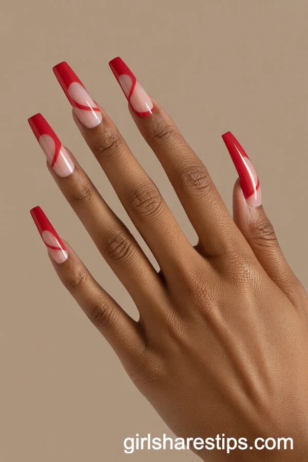 Creative Negative Space Coffin Nails with Red Shapes