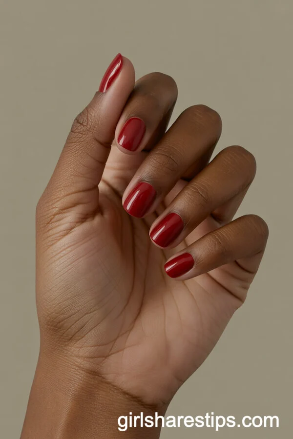 Bold Red Short Square Nails on Brown Skin