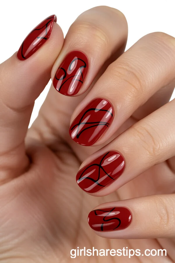 Deep Red Nails with Black Abstract Line Art