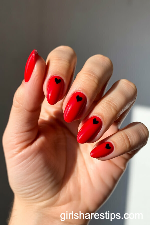 Vibrant Red Almond Nails with Black Heart Tips