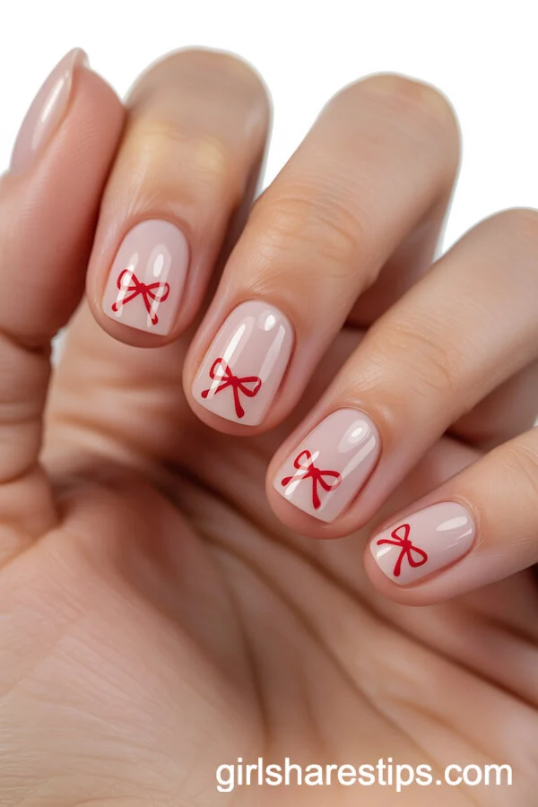 Nude or Pale Short Nails with Red Bow Design