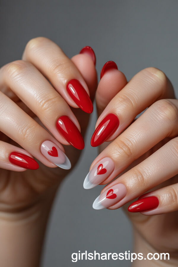 Almond Red Nails with Tiny Heart Accent