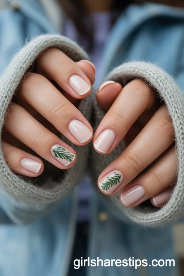 Evergreen Accent Short Nails with Pale Base