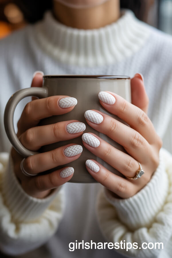 White 3D Sweater Texture on Short Nails