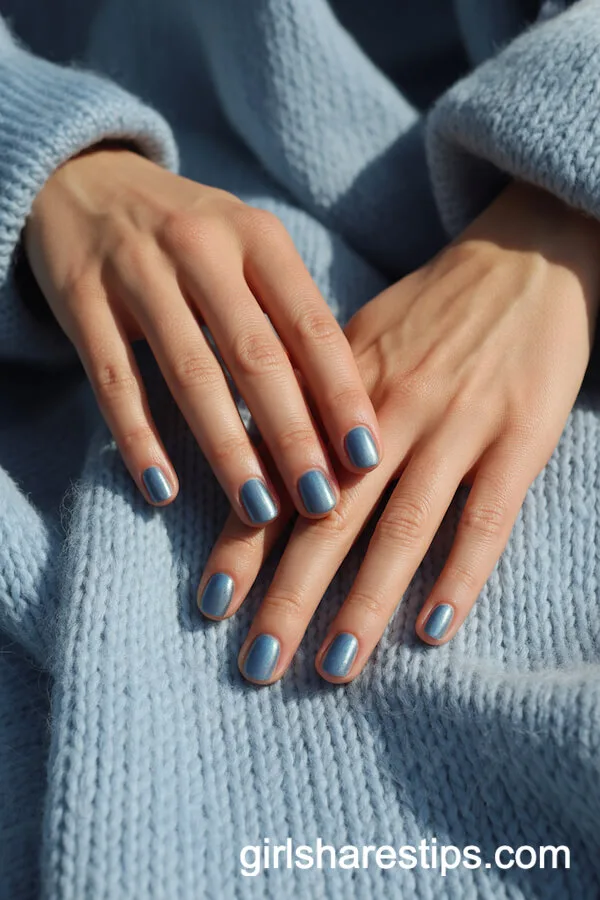 Icy Blue Shimmering Short Nails for Winter