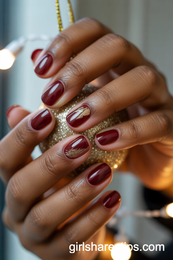 Burgundy Short Nails with Gold Foil Accents