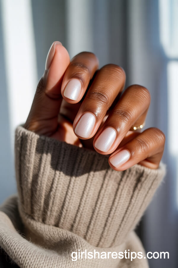 Pearly White Shimmer Nails on Short Natural Tips