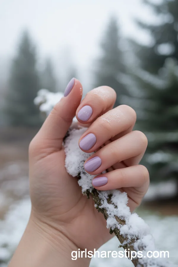 Soft Lavender Short Nails with a Snowy Winter Vibe
