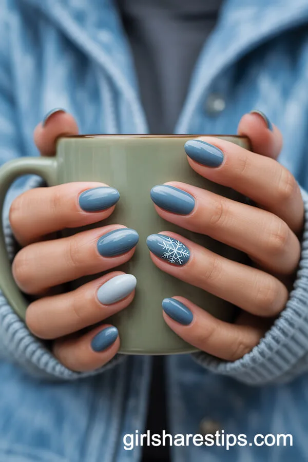 Cool Blue Short Nails with Snowflake Accent
