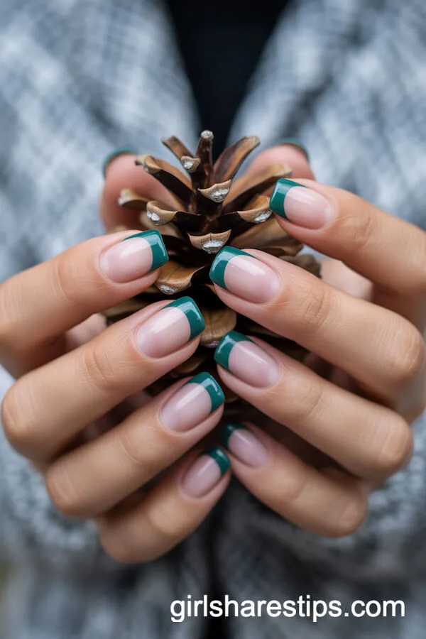 Deep Green French Tips on Short Nails