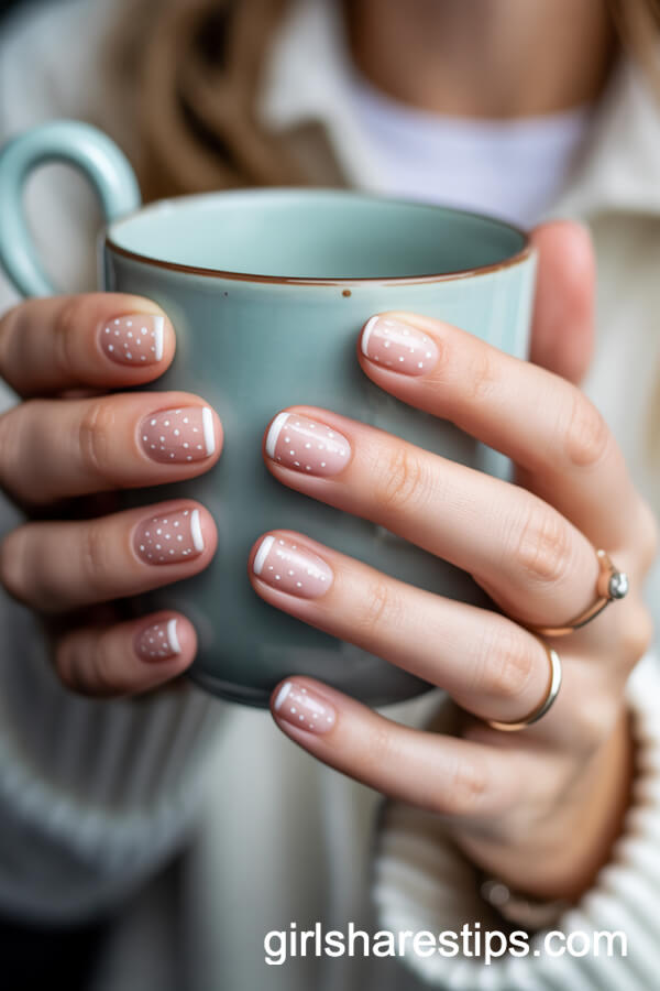 Minimalist White Dotted Short Nails for Winter